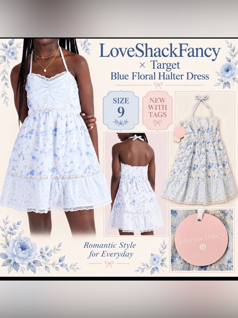 LoveShackFancy x Target Girls Blue Floral Halter Dress Size 9 NWT